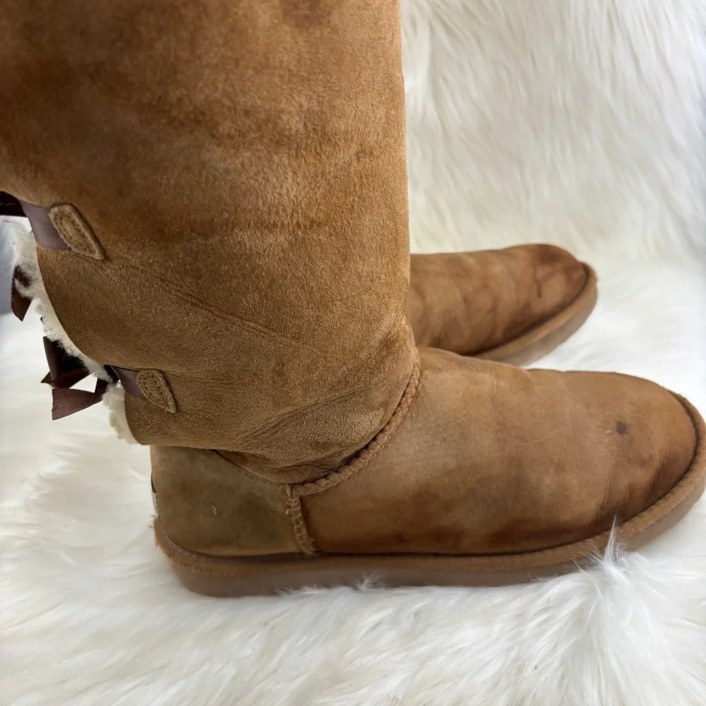 UGG Pull Up Bows Tan Winter Boots Size 9 Woman - Picture 3 of 15